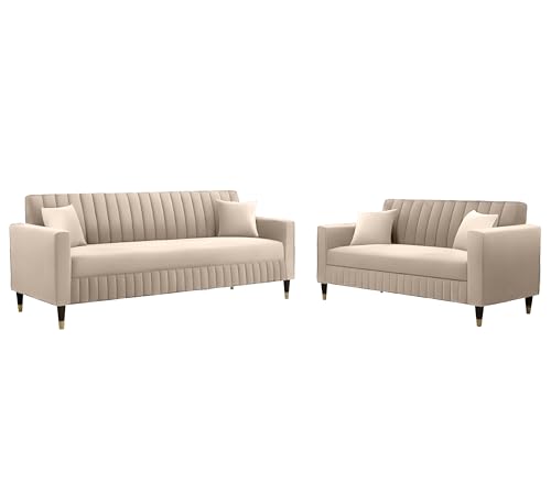 Image of AMATA Omega 3+2 Seater Cream Colour Suede Velvet Fabric Sofa Set with Two Cushions Perfect for Home Office Guests Living Room (06 Cream, Omega 3+2 Seater Sofa)(3 Year Warranty)