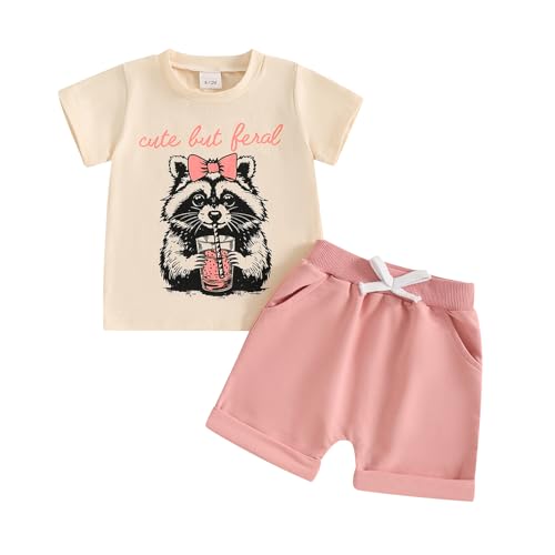 Sejardin Baby Girl Summer Outfit Infant Letter Print Short Sleeve T Shirt Tops and Stretch Shorts 6 12 18 24M 2T Girl Clothes (Raccoon Beige, 2-3T)
