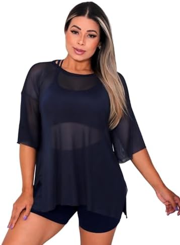 Blusa Tule Feminina Fitness Academia Manga Curta Marinho