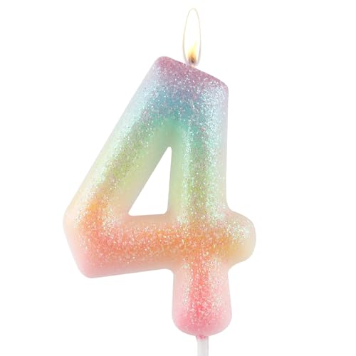 Zolunu Glitter Colorful 4th Birthday Candle, Birthday Number 4 Candle Cake Toppers for Girl Women, Glitter Colorful Themed Party Decorations Supplies Birthday Gifts