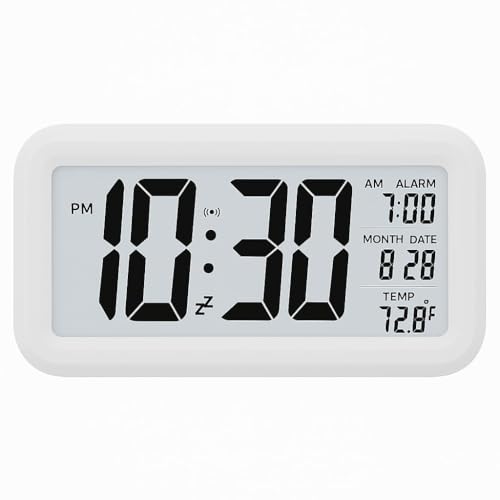 Image of Digital Alarm Clock with Automatic Sensor, Large LCD Backlight Display, Date & Temperature, Battery Clock for Bedroom, Home, Office & Students (Power Cell Not Included) (White)