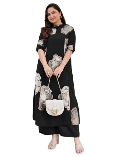 Image of ANNI Designer Women Viscose Blend Straight Fit Printed Kurta Palazzo Set | Mandarin Neck Outfit | Lightweight Breathable Fabric | Comfortable Elegant Styling for Office Casual Wear