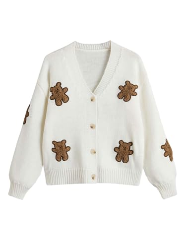OYOANGLE Girl's Bear Embroidery Button Up Cardigan Sweater Long Sleeve V Neck Cute Knitted Outerwear