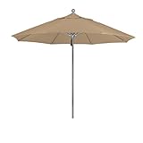 California Umbrella 9' Round Aluminum/Fibra di Vetro Umbrella Push Open, Silver Pole, Sunbrella Linen Sesame