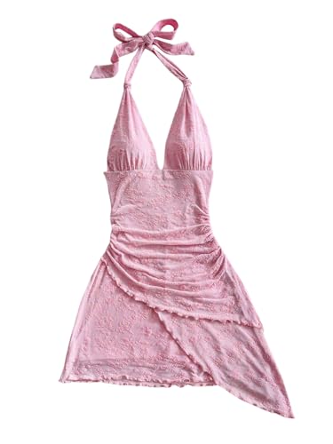 Verdusa Women's Vintage Leopard Print Layered Halter Dress Floral Asymmetrical Ruched Backless Mini Dress