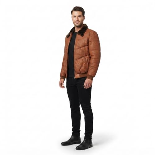 Image of F&F Classic Men's Premium Genuine Lambskin Aviator Style Puffer Fur Shearling Collar Leather Bomber Winter Fashion Jacket