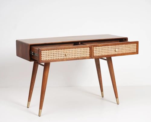 Image of Fern Rattan Solid Wood Study Table | Cane Work Writing Table with 2 Drawers | Mango Woods, Honey Ideal for Home Decor