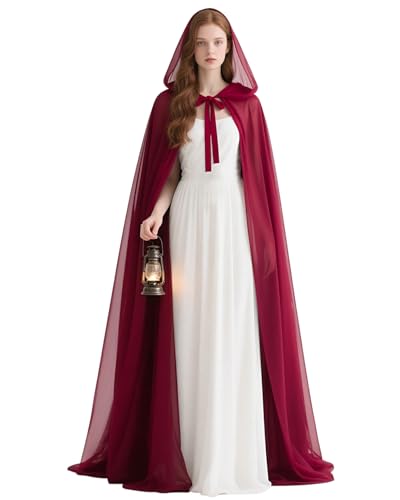 L'VOW Burgundy Chiffon Hooded Cloak - Vampire Tulle Cape for Gothic Wedding Halloween Fairy Cosplay