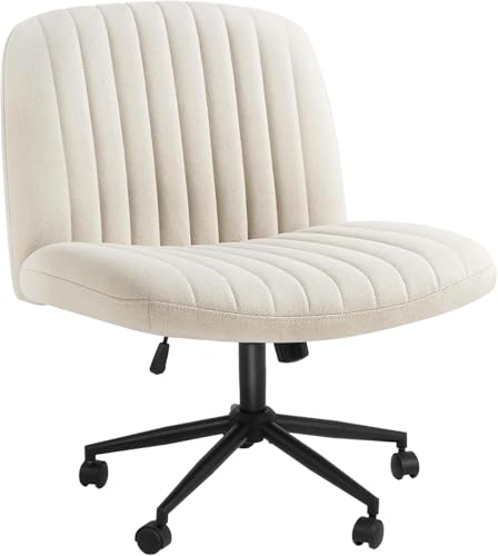 Wide Seat Cross Legged Office Chair Armless Office Chairs with Wheels Adjustable Height&Titlt Vanity Chairs Swivel Desk Chair Ergonomic Mid Back Computer Chair for Bedroom Home Office (Beige)