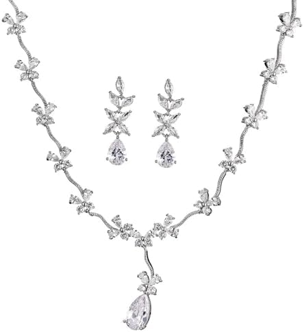 UNAHKTHY 美しい14Kゴールドと天然クリスタルジュエリーセット、女性用、繊細な枝ペンダントネックレスとイヤリング、エレガントなウェディングファッションセット