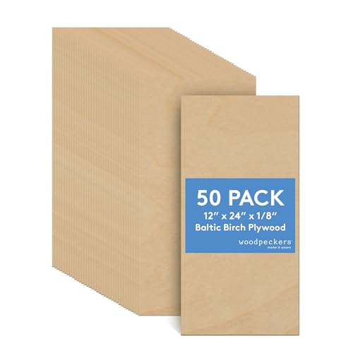 3 mm Baltic Birch Plywood 1/8 x 12 x 24 Inch, Box of 50 B/BB Grade Craft Wood, Stronger Than Basswood Sheets, for Laser, CNC Cutting and Wood Burning, by Woodpeckers