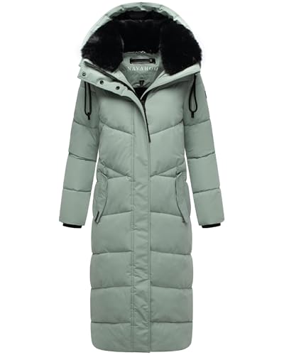 Navahoo Damen Wintermantel warmer Steppmantel extralang mit abnehmbarer Kapuze Hingucker XIV Smokey Mint Gr. L