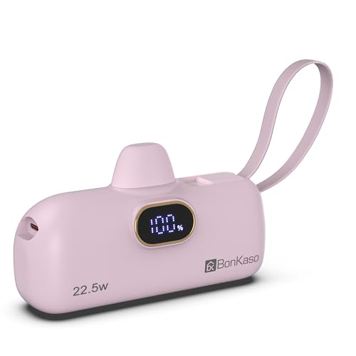 Image of BonKaso 5000mAh Mini Power Bank with Built in Cable, 22.5W PD Fast Charging Pocket Portable Charger, USB Type C Input and Output, Digital LED Display for iPhone and Android, Pink