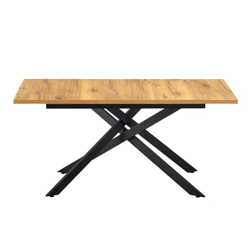 B&D home Esstisch LARS, ausziehbar 120-160 x 80 cm, 4-6 Personen Küchentisch Holztisch mit Kreuzgestell schwarz für Küche, Esszimmer, Industrial modern Design, Alteiche Optik
