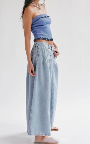 loveimgs Women Mid Rise Pleated Denim Palazzo Pants Cargo Wide Leg Baggy Jeans Ruffle Flare Harem Pants Y2k Elastic Waist4
