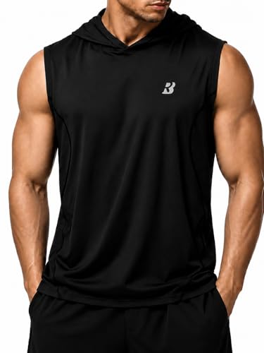 Roadbox Mens Sleeveless Hoodies Tank Top UPF 50+ Lightweight Workout Hooded Muscle Cut Off Shirts for Gym Athletic Black