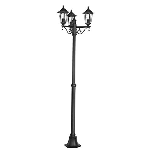 EGLO Lampadaire parisien Laterna 4 à 3 têtes, luminaire extérieur sur pied, lanterne, lampe de jardin et de chemin en fonte d’aluminium noir et verre, douille E27, IP44