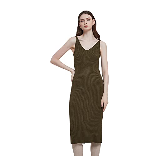 Image of Women's Sleeveless Sweater Dress Knit Slim V Neck Bodycon Midi Stretchable Elasticity Slim Fits