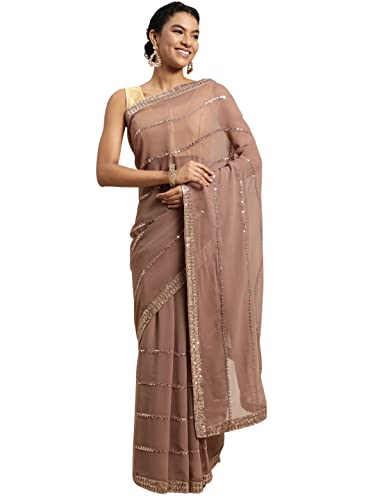 Image of Pratham Blue Women's Sequined Embroidered Georgette Fancy Saree with Blouse Piece
