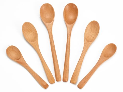 6 Piece Small Wooden Spoons Set - Premium Beech Wood Spoons in 3 Sizes (4.9', 5.9', 7.1') for Honey, Tea, Coffee, Multi-Purpose Mini Teaspoons Utensils for Ice Cream and Soup