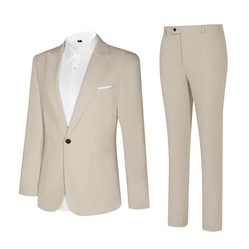 Linen Men Suit Set Casual Tuxedo 2 Piece Regular Fit Blazer One Button Solid Jacket and Pants for Prom Wedding Party3