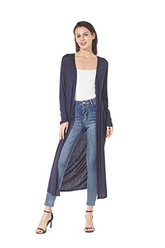Image of Women's Solid Sweater Essential Duster Long Cascading Open Front Lightweight Blue Cardigan