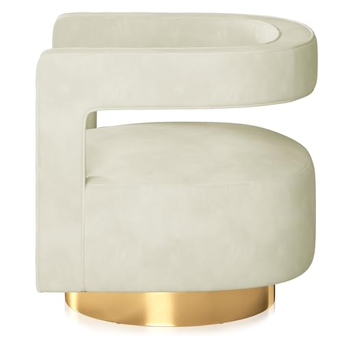 Image of BELLEZE Swivel Barrel Accent Chair, Modern Upholstered Arm Comfy Velvet Curved Back Round Chair with Gold Base Wood Frame, 360 Degree for Living Room Bedroom Office,Ivory