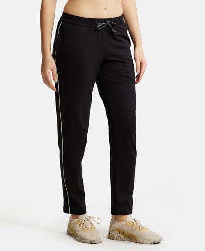 Image of Jockey 1305 Women's Super Combed Cotton Rich Relaxed Fit Mid Rise Trackpants with Contrast Side Piping and Pockets