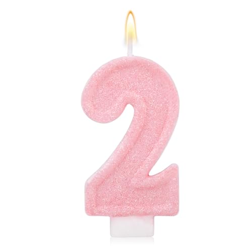 Pink Number Birthday Candles Romantic Cake Glitter Pink Number Candles Anniversary Cake Topper Decoration Cute Birthday Party Supplies for Wedding Anniversary Celebration Supplies (2)