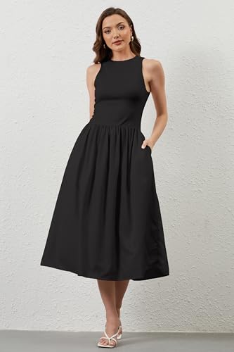 Image of TERIVEEK Women Summer Sleeveless Midi Dress Casual High Neck Patchwork Tank Sundress Boho Flowy A Line Dress with Pockets Black