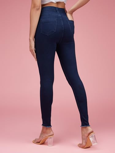 Image of Miss Chase Women's Skinny High Rise Cropped Fringed Hemline Stretchable Denim Jeans (MCAW24DEN94-45-71-30, Navy Blue, 30)
