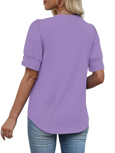 Image of OFEEFAN Womens Tops Short Sleeve Shirts Buttons V Neck Spring Fashion Summer Outfits Plus Size Blouses Dressy Casual