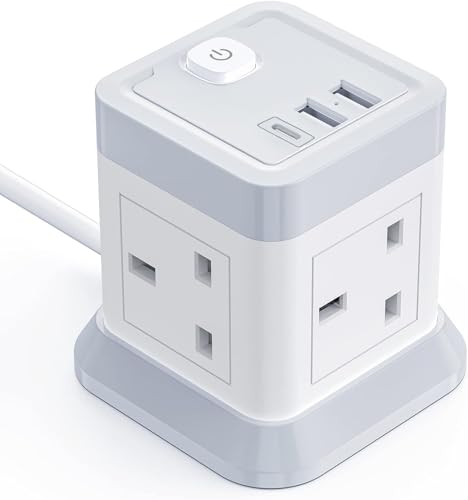 BEVA Extension Power Cube with USB, 4 Way Socket, 3 USB Ports, 1.5M Cable - White