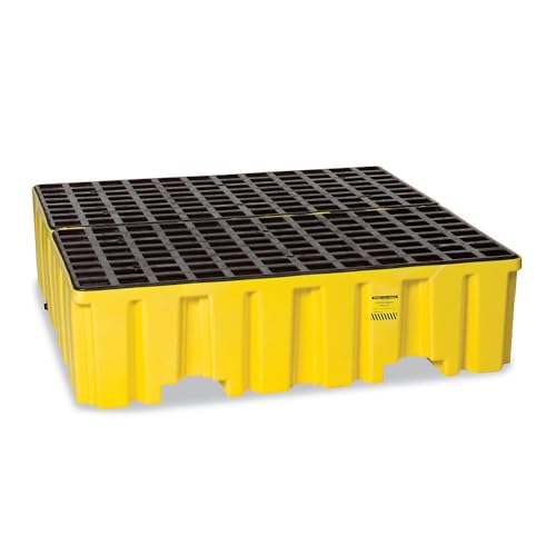 Image of Eagle High Capacity 4 Drum Spill Containment Pallet with Drain and Forklift Pockets, 52.5 inchx51 inchx13.75 inch, 132 Gallon Sump, 8,000 lbs. Load Capacity Secondary Containment Pallet, Made in USA, Yellow, 1640
