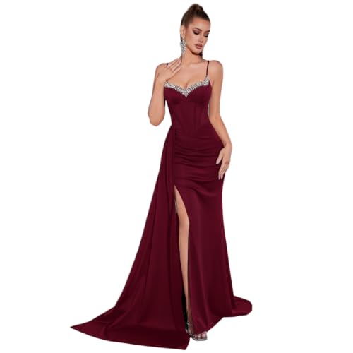 Formal Dress for Women Evening Gown Party Cocktail Spaghetti Sexy V Neck Sparkly Wedding Guest Floor-Length Prom Dresses Wine Red-M