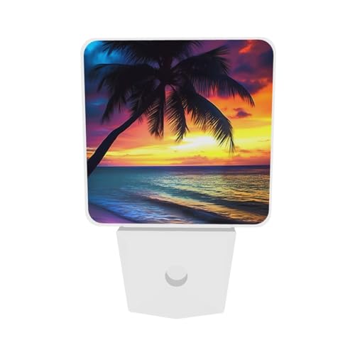 Image of Sunset Beach Night Light Set of 2, Coconut Tree Auto Sensor LED Dusk-to-Dawn Nightlights, Plug-in Sensor Lamp for Bedroom Bathroom Kitchen Hallway Stairs Decorative