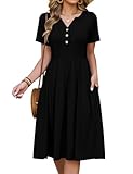 CMTOP Robe Femme Ete Chic et Elegant Col en V Fleurie Robe Mi Longue Décontractée Manches Courtes Boutons Genou Légère Robe Style Taille Empire avec Poches (Noir, M)