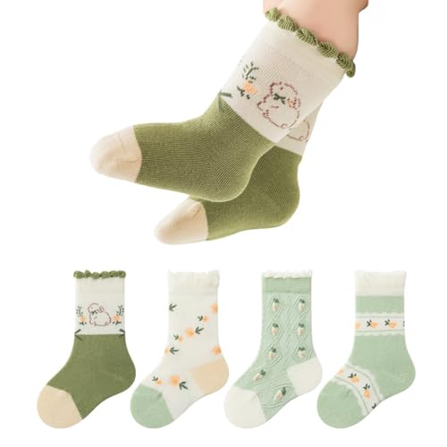 4 Pairs Toddler Baby Girl Boy Kids Socks, Green Cute Bunny Flower Soft Cotton Crew Socks, 0~5T (Large)