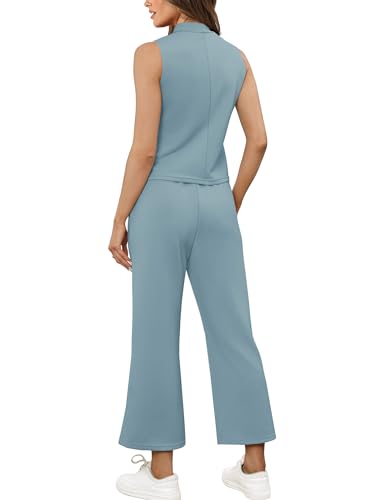 Image of SAMPEEL Two Piece Sets for Women Summer Outfits Lounge Sets Mock Neck Tops Wide Leg Crop Pants Vacation Travel Outfits