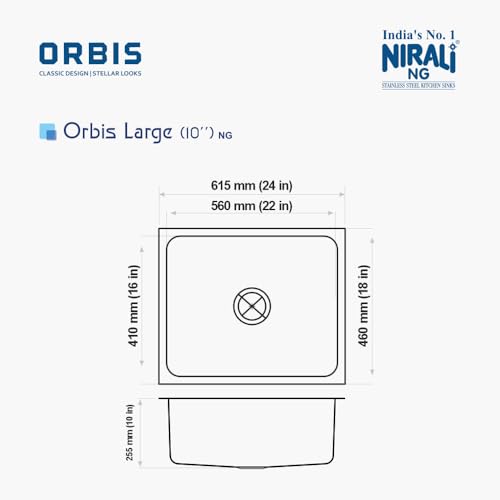 Image of NIRALI Kitchen Sink 24x18x10 Inch 304 Stainless Steel | Single bowl Sink Round Coupling | Rust & Stain Resistant | Brushed Matt Finish | Minimizes Sound Orbis SInk (Matt, 24 inch X 18 inch X 10 inch)