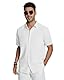 Friptspyg Leinenhemd Herren Hemd Kruzarm Baumwolle Leinen Hemden Regular Fit Freizeithemden Sommer Kurzarmhemd Casual Strandhemd mit Tasche, Weiß M
