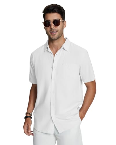Friptspyg Leinenhemd Herren Hemd Kruzarm Baumwolle Leinen Hemden Regular Fit Freizeithemden Sommer Kurzarmhemd Casual Strandhemd mit Tasche, Weiß XL 2