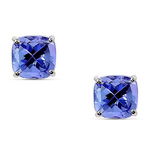 14K White Gold Genuine Tanzanite 5mm Cushion Stud Earrings