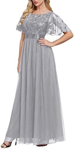 MIASHUI Sequins Floor Length Dress Elastic Waist Splicing Crewneck Party Evening Dress Fall Dresses for Women Petite Sizes Grey