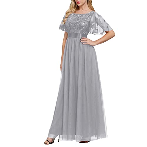 Miashui Sequins Floor Length Dress Elastic Waist Splicing Crewneck Party Evening Dress Fall Dresses For Women Petite Sizes Grey #TOP1