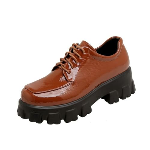 Femmes Cuir Verni Mocassins Souples Talons Épais Hauts Chaussures De Robe Uniformes Lacets Plate-Forme Chaussures De Bureau,Marron,38.5 EU