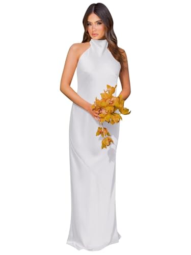 DOGEFI White Satin Halter Bridesmaid & Prom Dress Size 12