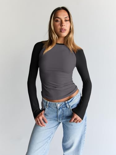 Trendy Queen Women’s Long Sleeve Shirts Slim Fit Stretchy Color Block Slightly Cropped Tops