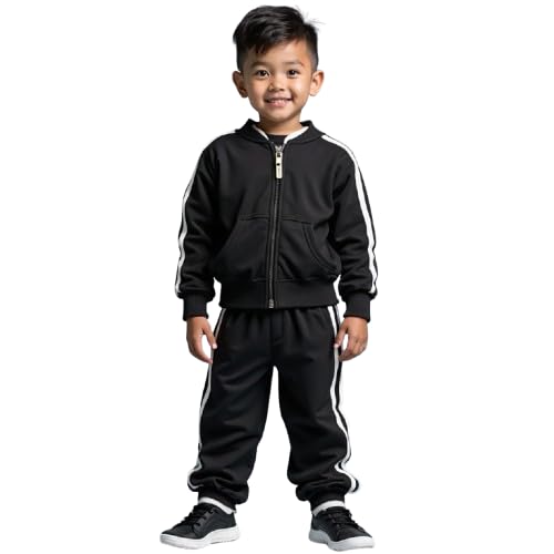 Kwikk Traders Baby Boy's Sweatsuit Casual 2 Piece Outfits Color Block Round Neck and Jogger Pants Set Casual Tracksuit Long Sleeve Sweatsuit +Pants Outfit Set (Black, 4-5 Year)