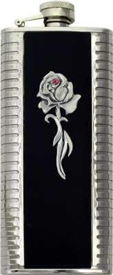5oz "Long Rose" Black Leather Ribbed Metal Finish Boot Flask